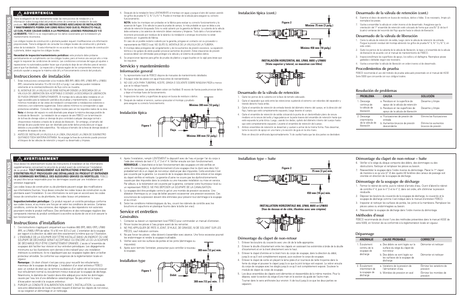 Spanish instructions french instructions, Instructions d’installation, Service et entretien | Instrucciones de instalación, Servicio y mantenimiento, Démontage du clapet de non-retour – suite, Démontage de la soupape de décharge, Méthodes d’essai, Installation type – suite, Généralités | FEBCO 860U Reduced Pressure Assemblies with Union End Ball Valves User Manual | Page 2 / 2