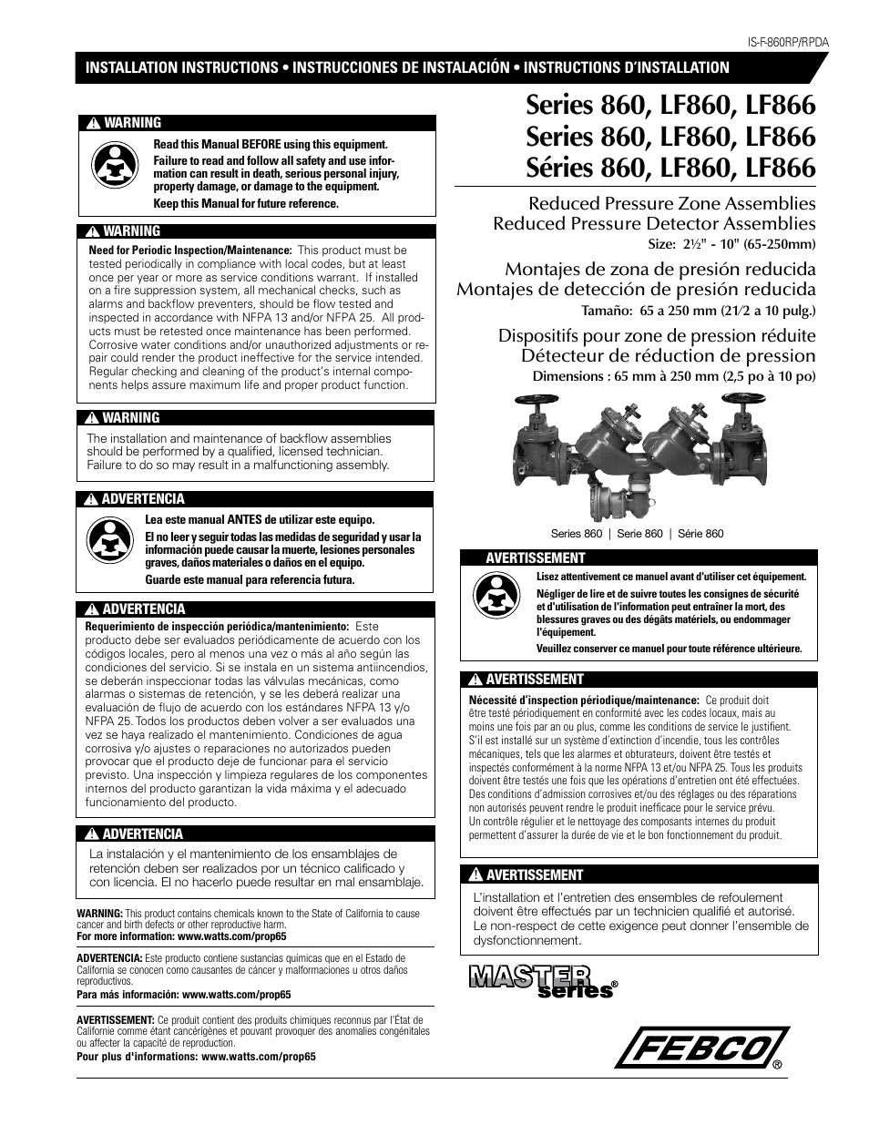 FEBCO LF866 Lead Free MasterSeries Reduced Pressure Zone Detector Prevention Assembly (Type-II) User Manual | 4 pages