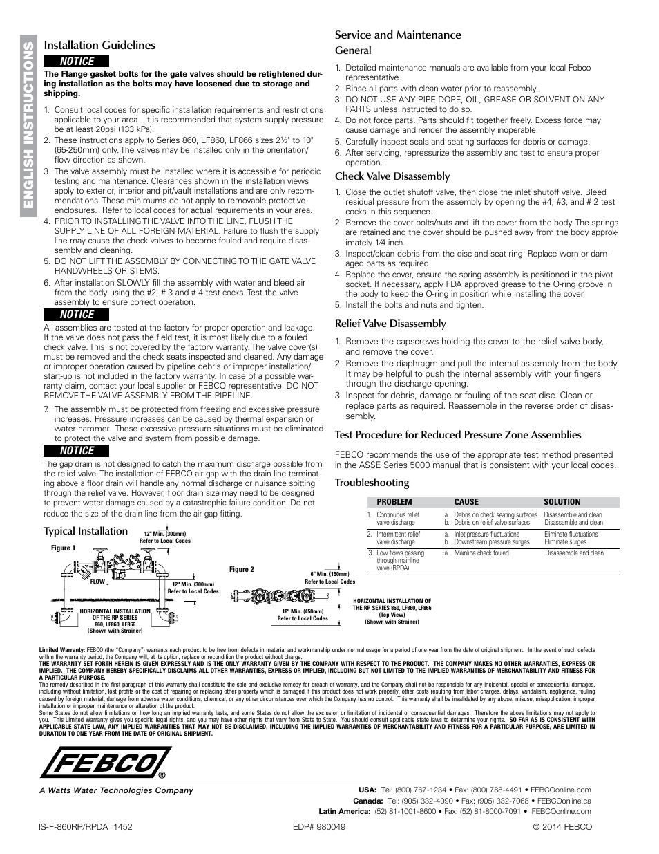 English instructions, Installation guidelines, Service and maintenance | Notice, Typical installation, General, Check valve disassembly, Relief valve disassembly, Troubleshooting | FEBCO LF866 Lead Free MasterSeries Reduced Pressure Zone Detector Prevention Assembly (Type-II) User Manual | Page 2 / 4