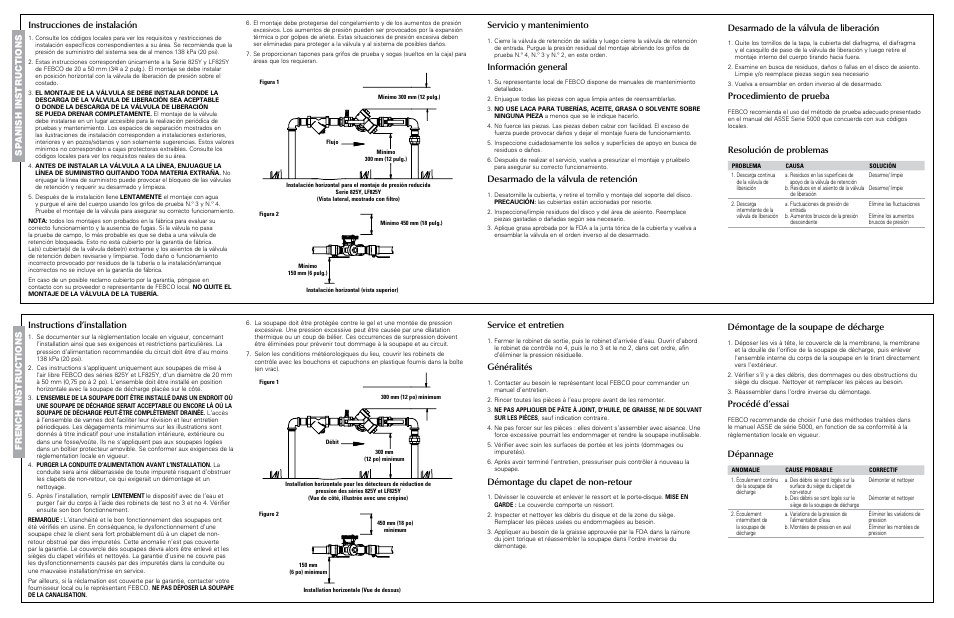 Servicio y mantenimiento, Información general, Desarmado de la válvula de retención | Desarmado de la válvula de liberación, Procedimiento de prueba, Resolución de problemas, Instructions d’installation, Service et entretien, Généralités, Démontage du clapet de non-retour | FEBCO 825Y Y Pattern Design Reduced Pressure Zone Assemblies User Manual | Page 2 / 2