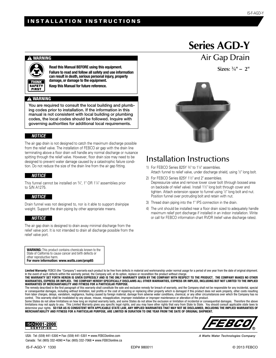 FEBCO AGD-Y Air Gap Drains User Manual | 1 page