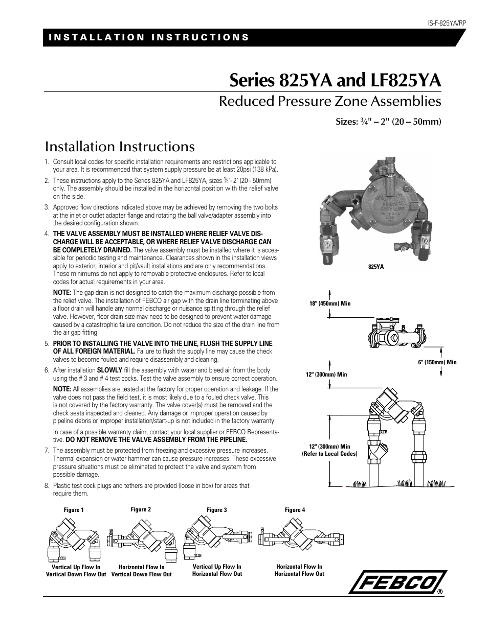 FEBCO 825YA Small Footprint N-Shape Design Reduced Pressure Zone Assemblies User Manual | 2 pages