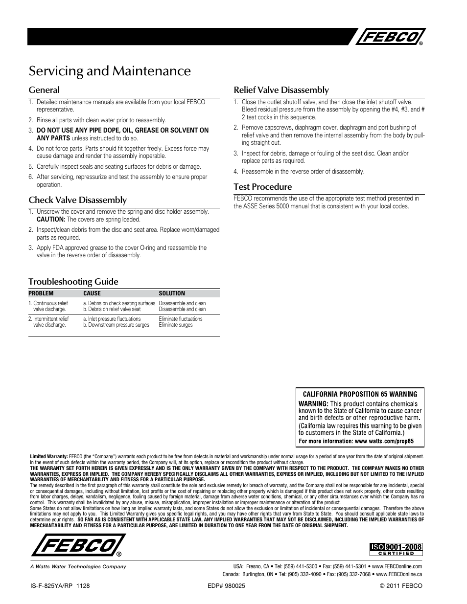 Servicing and maintenance, General, Check valve disassembly | Relief valve disassembly, Test procedure, Troubleshooting guide | FEBCO 825YA Small Footprint N-Shape Design Reduced Pressure Zone Assemblies User Manual | Page 2 / 2