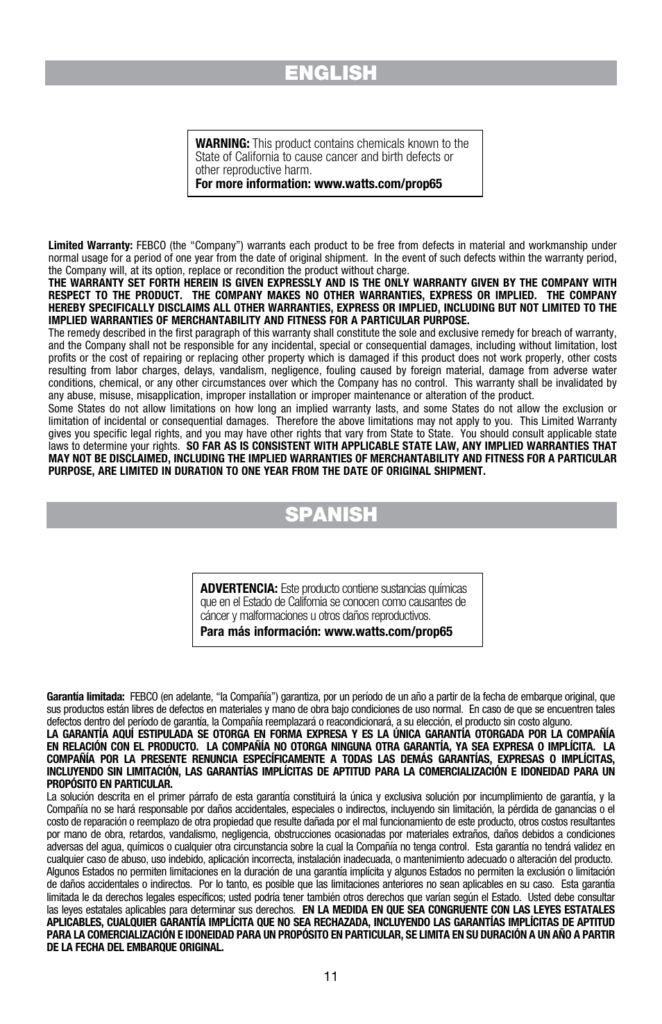 English spanish | FEBCO 856ST MasterSeries In-Line Design Double Check Detector Assemblies User Manual | Page 11 / 12