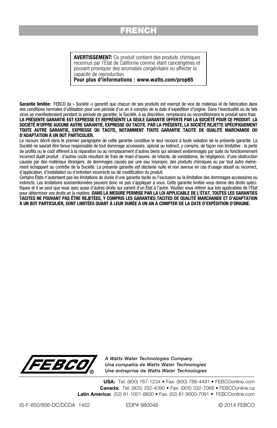 French | FEBCO 856ST MasterSeries In-Line Design Double Check Detector Assemblies User Manual | Page 12 / 12