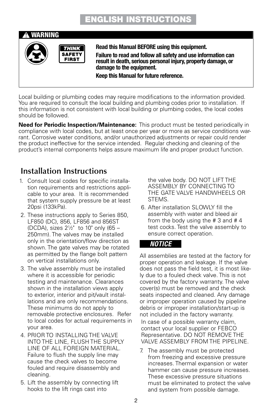 English instructions installation instructions, Notice, Warning | FEBCO 856ST MasterSeries In-Line Design Double Check Detector Assemblies User Manual | Page 2 / 12