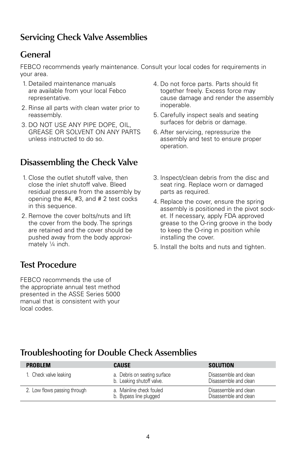 Servicing check valve assemblies general, Troubleshooting for double check assemblies, Disassembling the check valve | Test procedure | FEBCO 856ST MasterSeries In-Line Design Double Check Detector Assemblies User Manual | Page 4 / 12