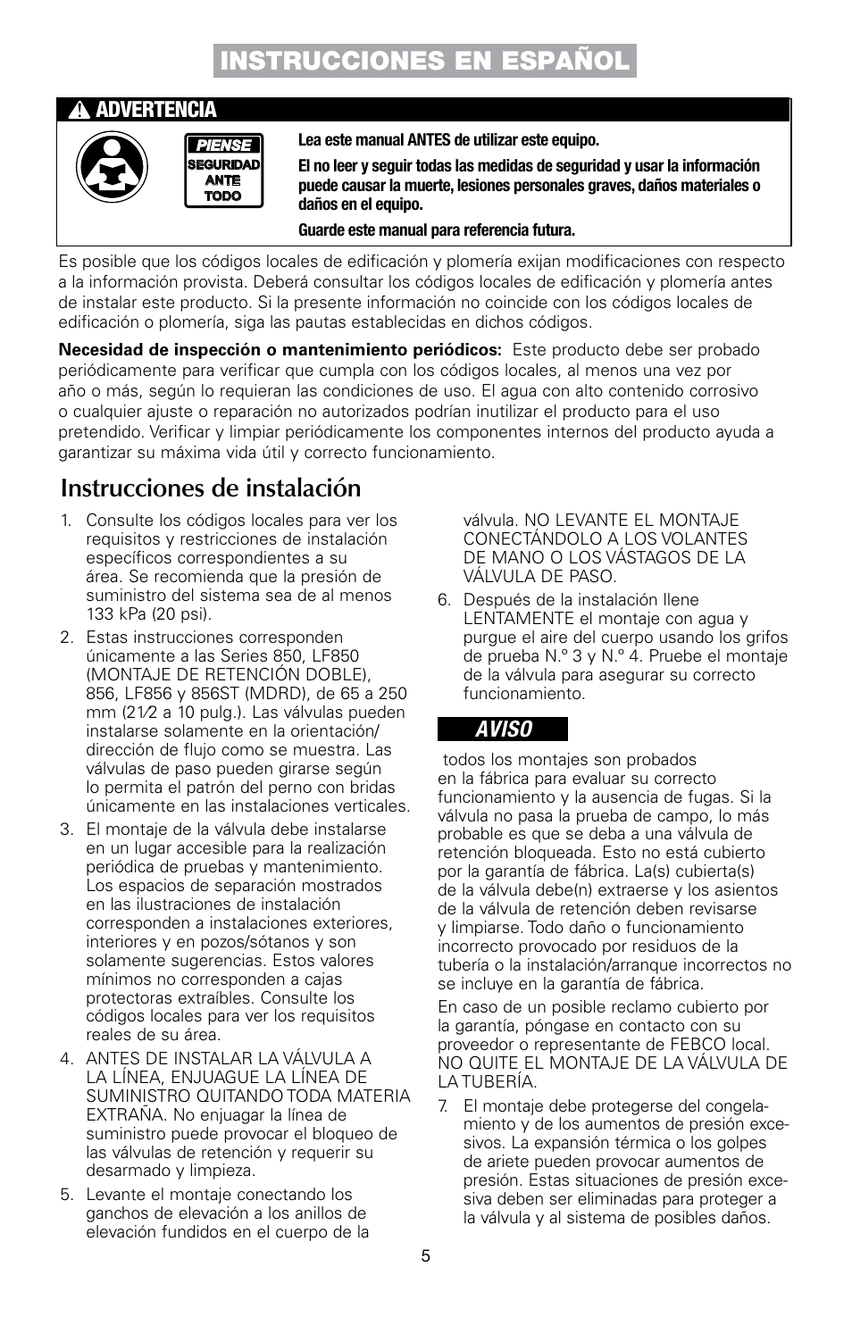 Aviso, Advertencia | FEBCO 856ST MasterSeries In-Line Design Double Check Detector Assemblies User Manual | Page 5 / 12