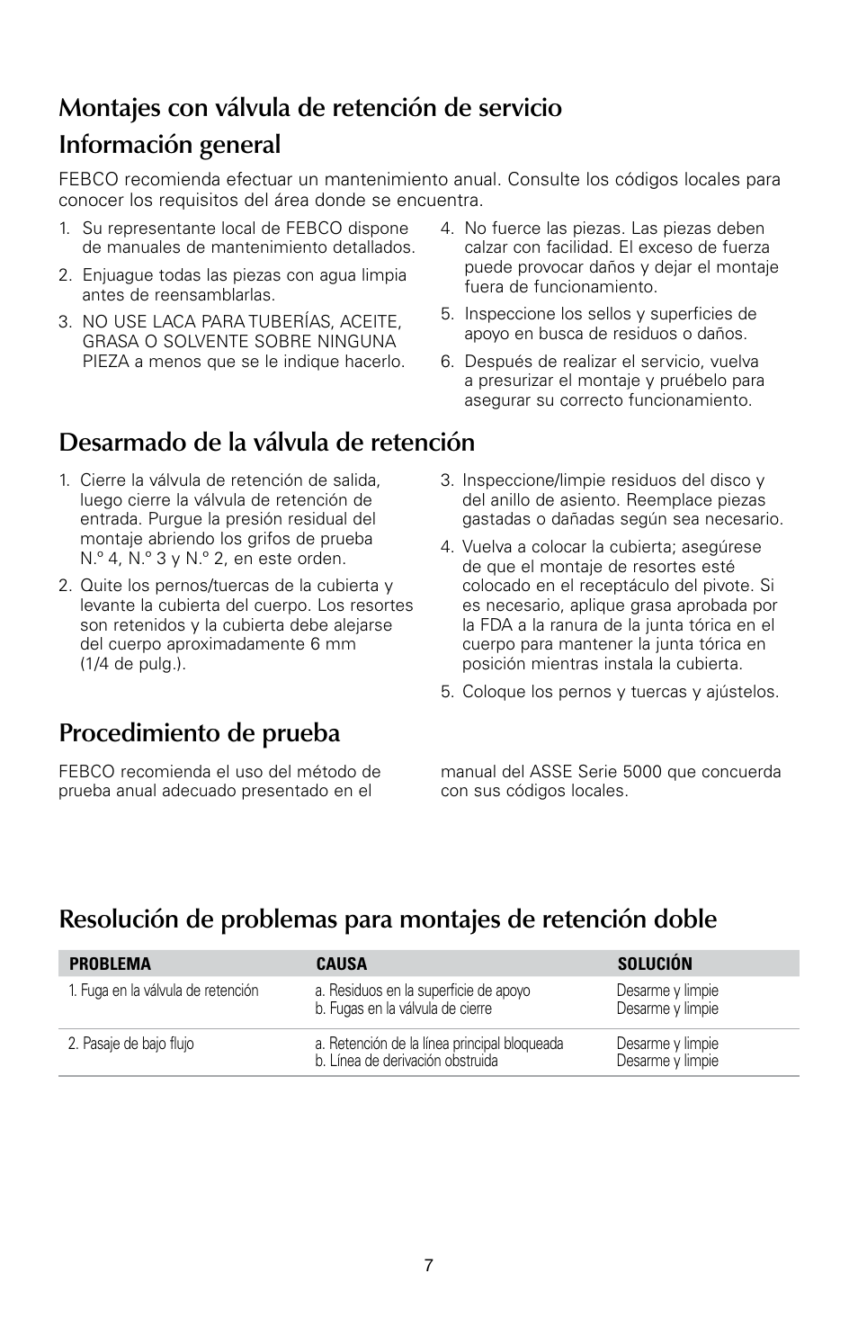 Desarmado de la válvula de retención, Procedimiento de prueba | FEBCO 856ST MasterSeries In-Line Design Double Check Detector Assemblies User Manual | Page 7 / 12