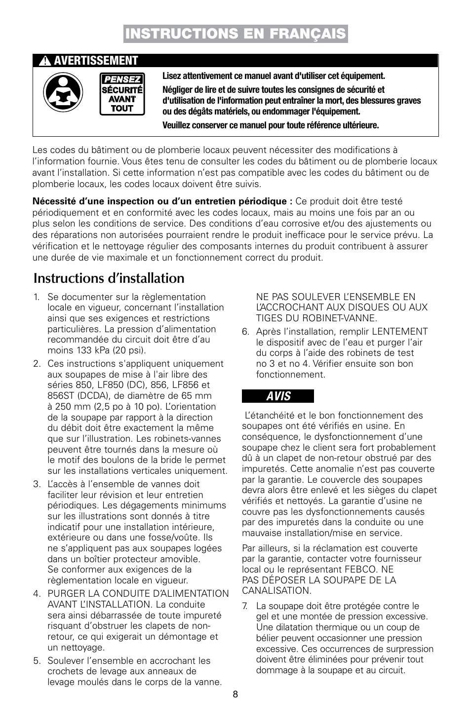 Instructions d’installation, Instructions en français, Avis | Avertissement | FEBCO 856ST MasterSeries In-Line Design Double Check Detector Assemblies User Manual | Page 8 / 12