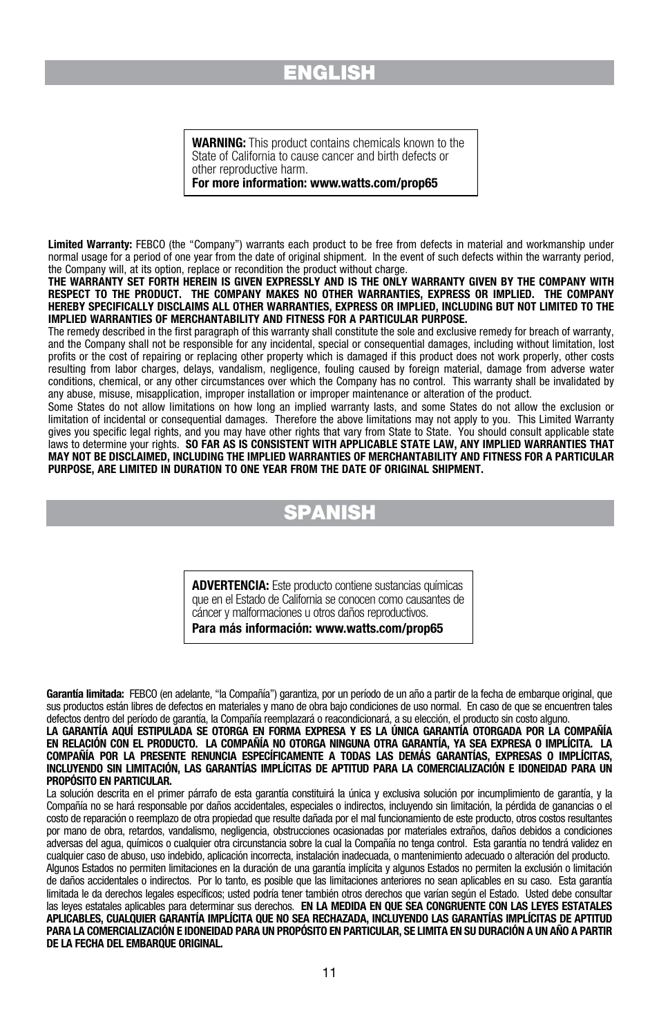 English spanish | FEBCO 876VST Master Series Configurable Design Double Check Detector Assemblies User Manual | Page 11 / 12