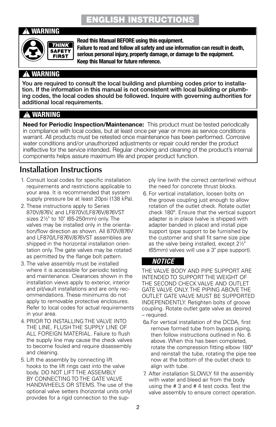 English instructions installation instructions, Notice, Warning | FEBCO 876VST Master Series Configurable Design Double Check Detector Assemblies User Manual | Page 2 / 12