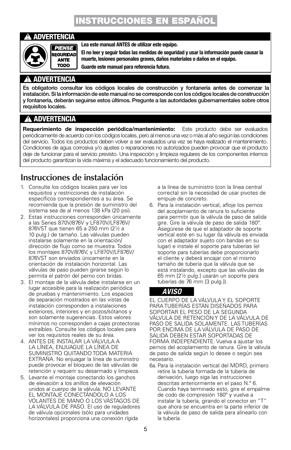 Aviso, Advertencia | FEBCO 876VST Master Series Configurable Design Double Check Detector Assemblies User Manual | Page 5 / 12