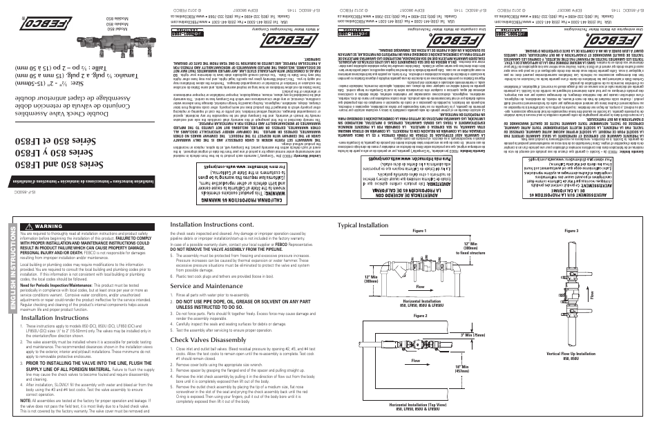 FEBCO 850U Double Check Valve Assemblies with Union End Ball Valves User Manual | 2 pages