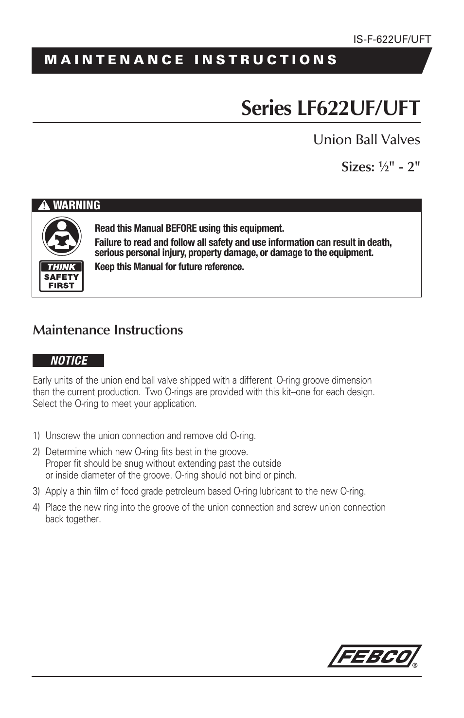 FEBCO LF622UFT Lead Free Full Port Tapped Union End Ball Valves User Manual | 2 pages