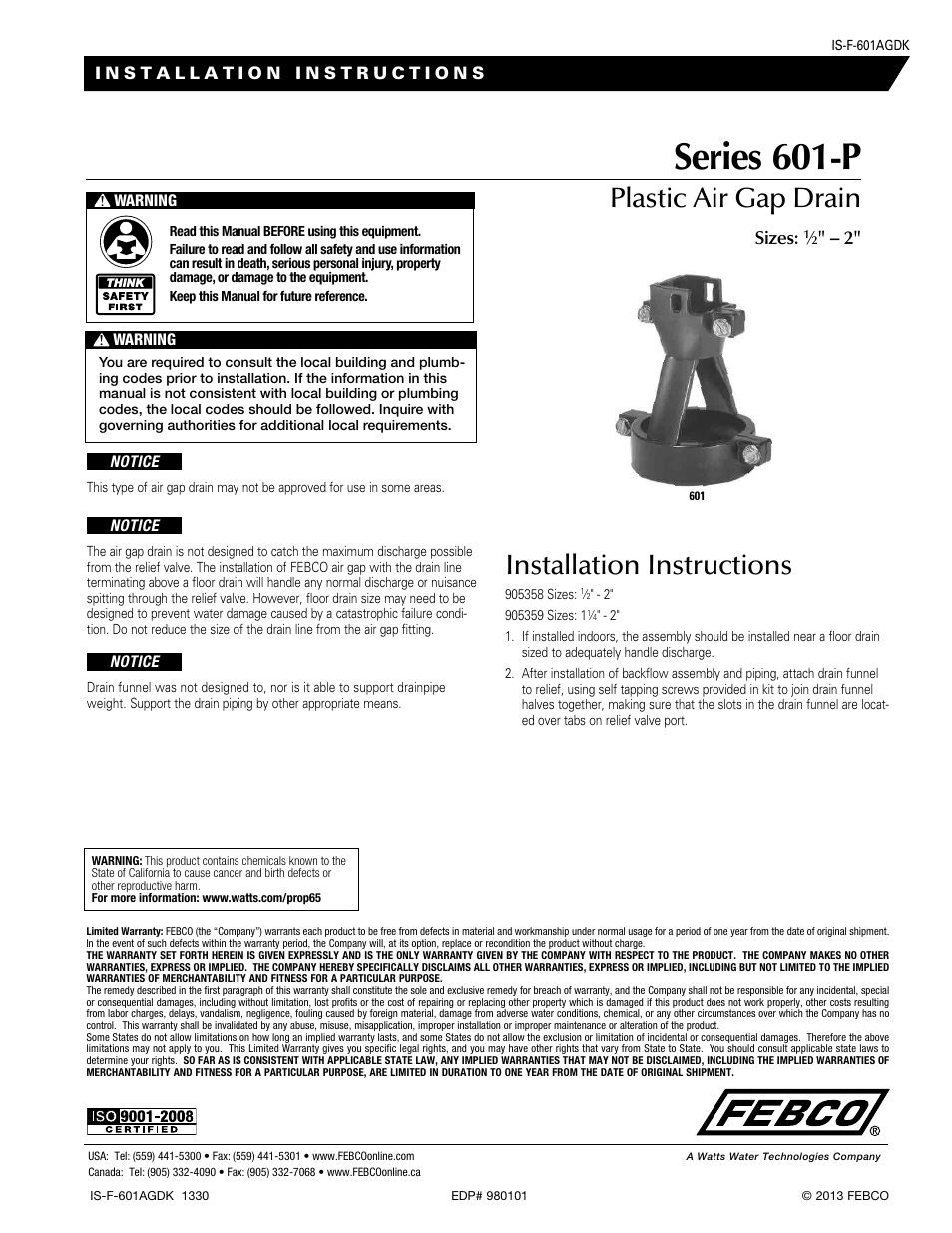 FEBCO 601-P Plastic Air Gap Drains User Manual | 1 page