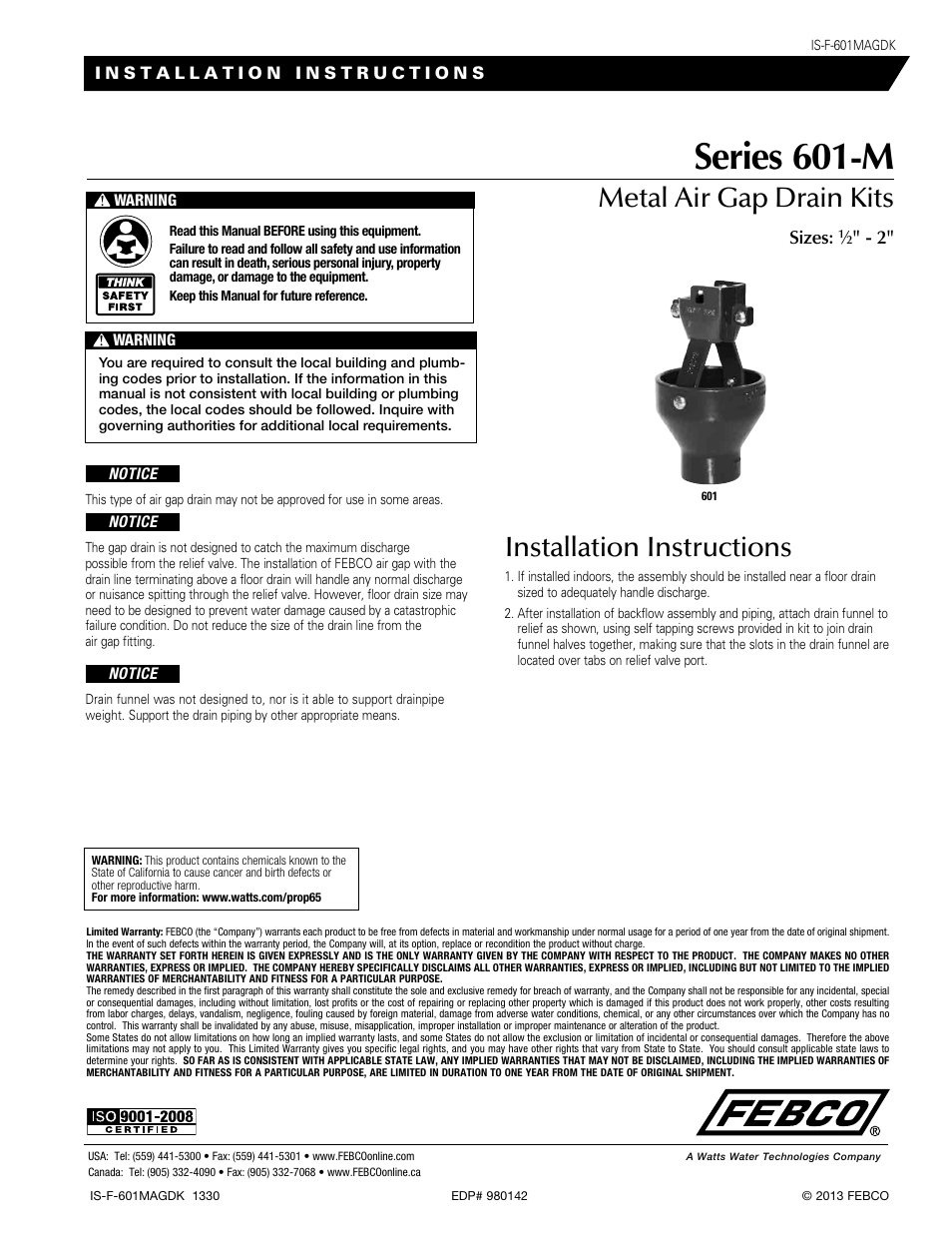 FEBCO 601-M Metal Air Gap Drains User Manual | 1 page