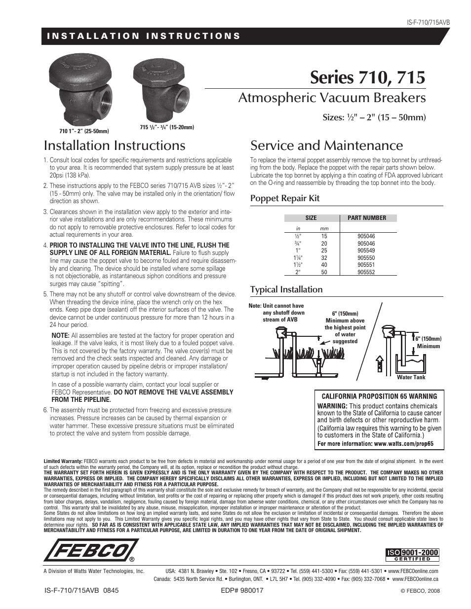 FEBCO 710 Atmospheric Vacuum Breakers User Manual | 1 page