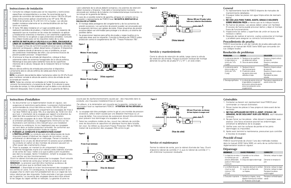 General, Procedimiento de prueba, Resolución de problemas | Servicio y mantenimiento, Instructions d’installation, Généralités, Procédé d’essai, Dépannage, Service et maintenance | FEBCO 765 Pressure Vacuum Breakers User Manual | Page 2 / 2