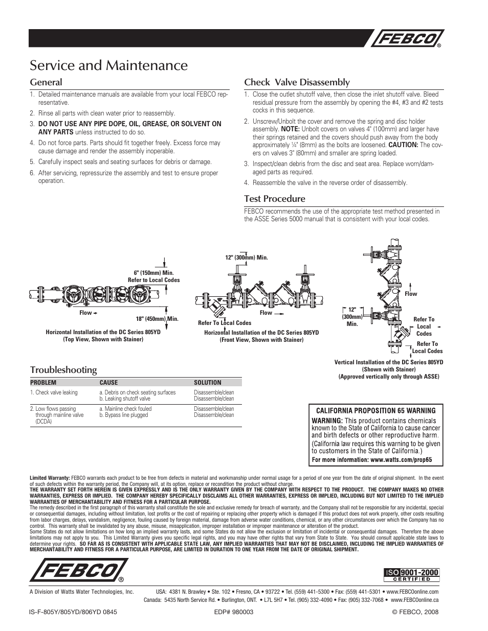 Service and maintenance, General, Check valve disassembly | Test procedure, Troubleshooting | FEBCO 805YD DuraCheck In-Line Design Double Check Valve Assemblies User Manual | Page 2 / 2