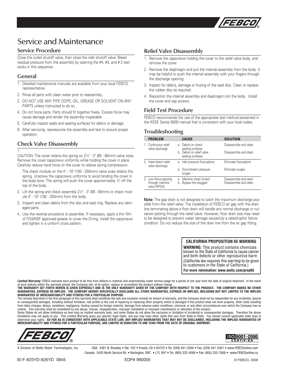 Service and maintenance, Service procedure, General | Check valve disassembly, Relief valve disassembly, Field test procedure, Troubleshooting | FEBCO 826YD DuraCheck In-Line Design Reduced Pressure Detector Assemblies User Manual | Page 2 / 2