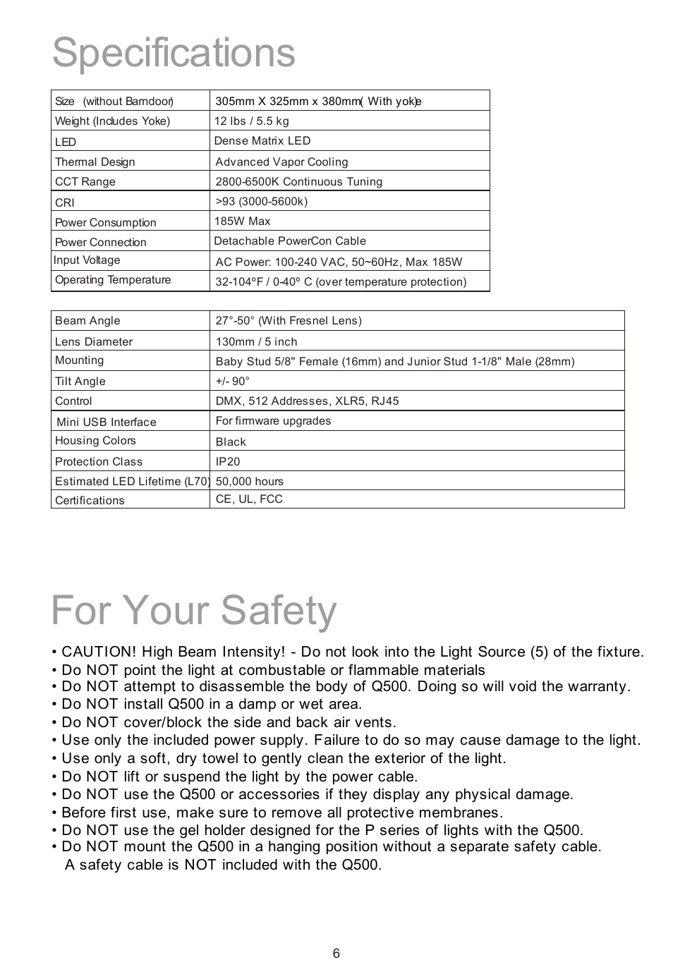 Specifications for your safety | Fiilex Q500 User Manual | Page 8 / 10