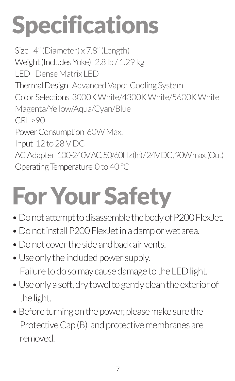 Specifications for your safety | Fiilex P200 User Manual | Page 9 / 11