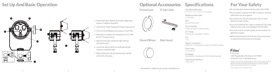 For your safety, Specifications, Set up and basic operation | Optional accessories, D-tap cable, Dome diffuser rain guard, Fresnel lens | Fiilex P180 User Manual | Page 2 / 2