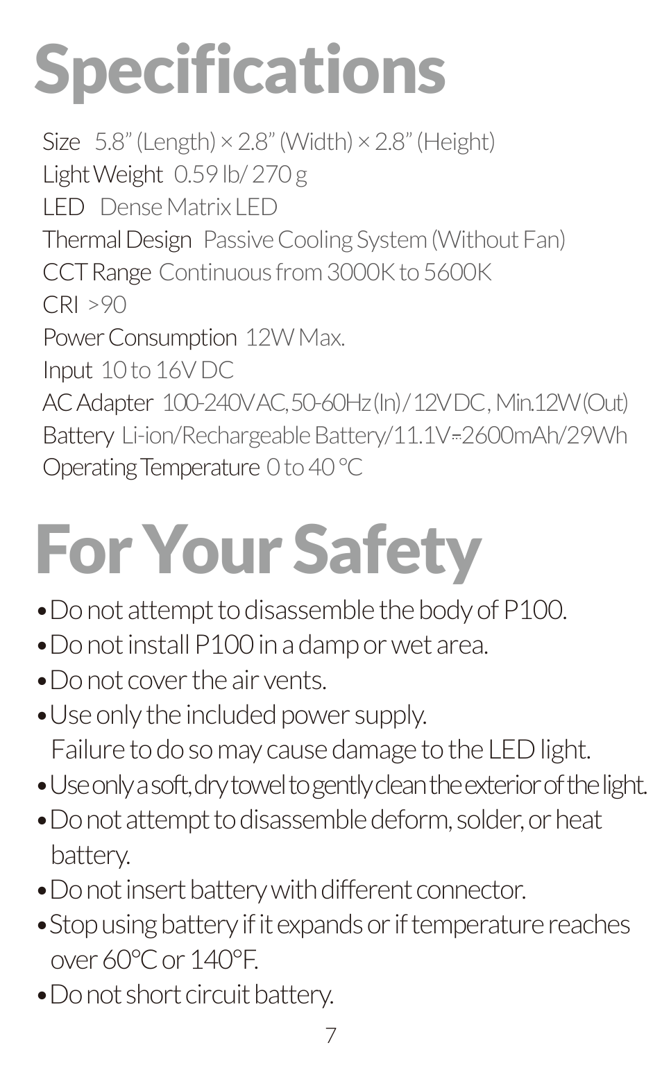 Specifications for your safety | Fiilex P100 User Manual | Page 9 / 12