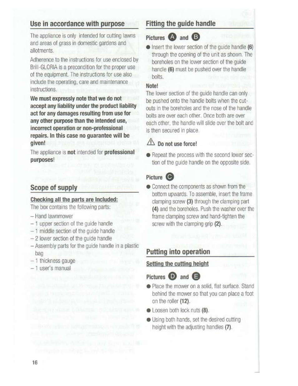 Use in accordance with purpose, Scope of supply, Fitting the guide handle | Putting into operation | Brill Razorcut Premium 38 User Manual | Page 6 / 11