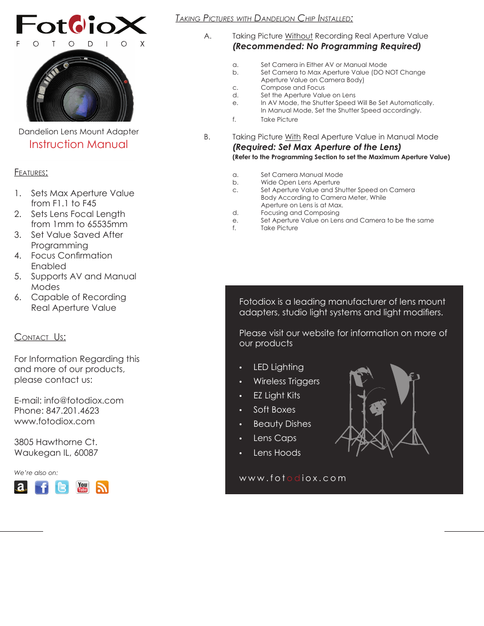 Fotodiox Dandelion Lens Mount Adapter User Manual | 2 pages