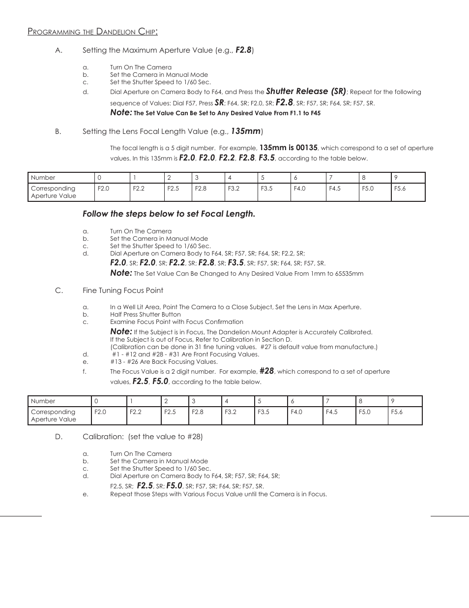F2.8, Shutter release (sr), 135mm | F2.0, F2.2, F3.5, Follow the steps below to set focal length, F2.5, F5.0 | Fotodiox Dandelion Lens Mount Adapter User Manual | Page 2 / 2