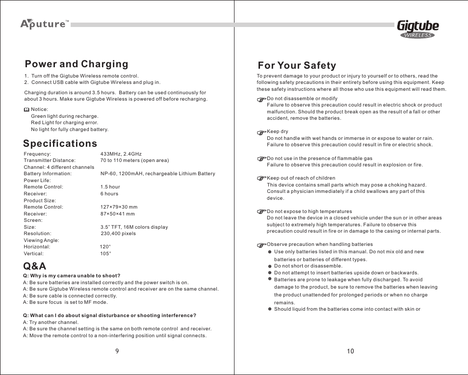 页 12, Power and charging specifications, For your safety | Fotodiox Aputure Gigtube Wireless User Manual | Page 6 / 6