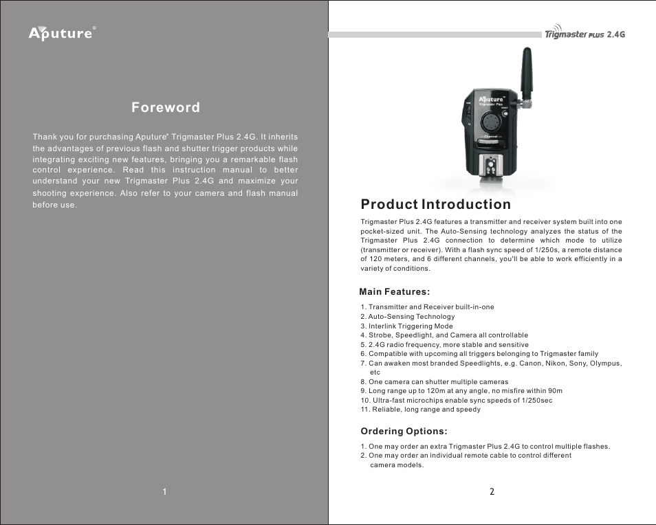 Foreword, Product introduction | Fotodiox Aputure Trigmaster Plus User Manual | Page 2 / 6