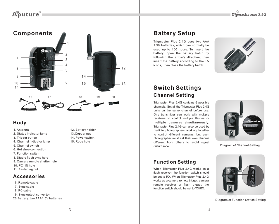Components, Battery setup, Switch settings | Body, Accessories, Channel setting, Function setting | Fotodiox Aputure Trigmaster Plus User Manual | Page 3 / 6