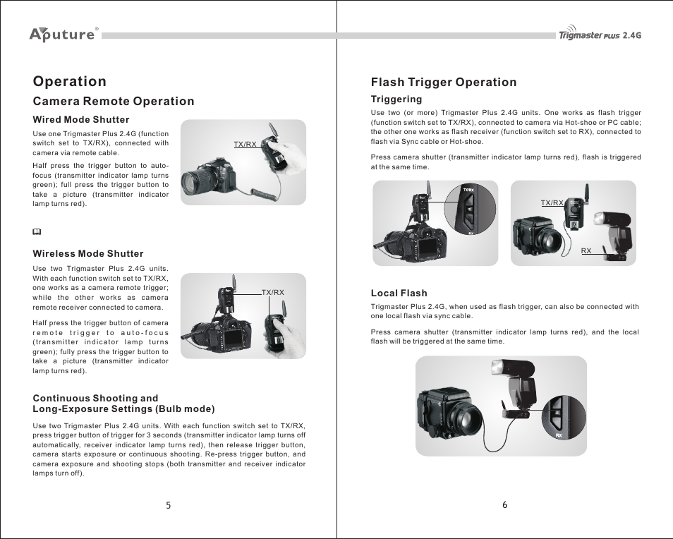 页 10, Operation, Camera remote operation | Flash trigger operation | Fotodiox Aputure Trigmaster Plus User Manual | Page 4 / 6