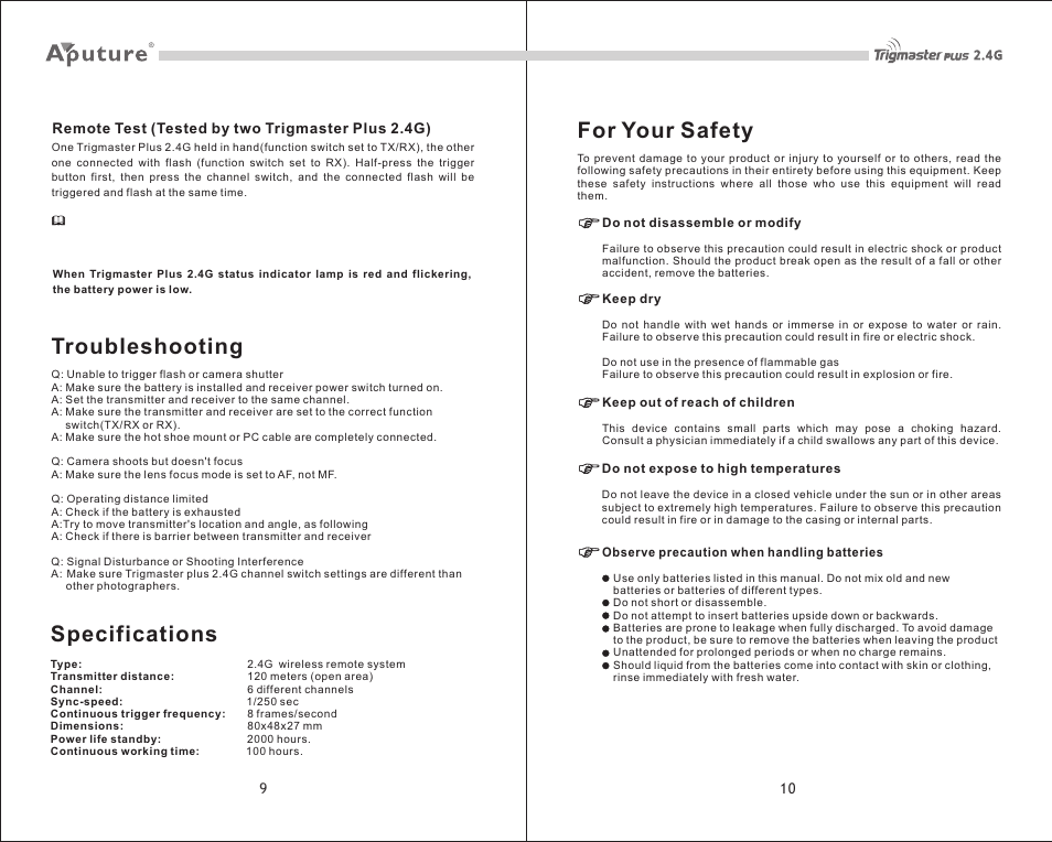 页 12, Specifications troubleshooting for your safety | Fotodiox Aputure Trigmaster Plus User Manual | Page 6 / 6