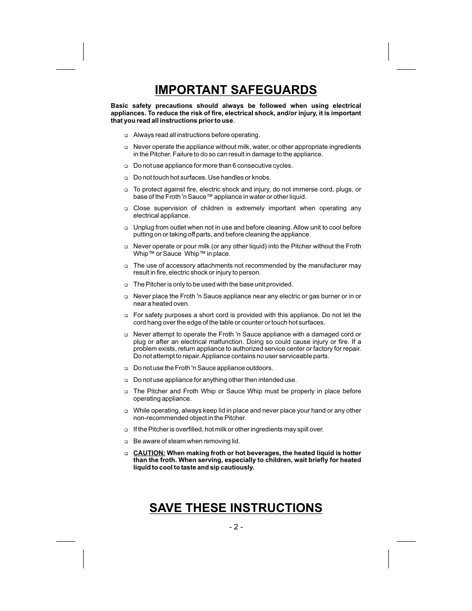 Important safeguards, Save these instructions | Gastroback 42414 Automatic Milk-foamer and sauces maker User Manual | Page 2 / 8