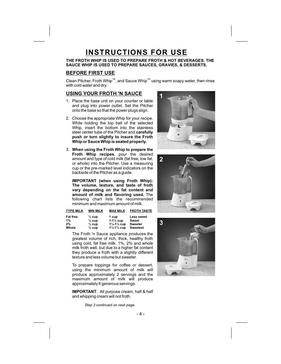 Instructions for use, Using your froth n sauce, Before first use | Gastroback 42414 Automatic Milk-foamer and sauces maker User Manual | Page 4 / 8