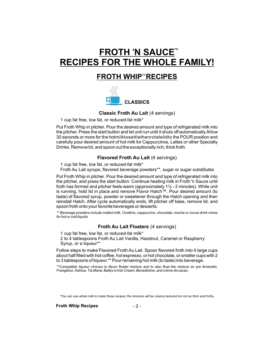 Froth n sauce recipes for the whole family, Froth whip recipes | Gastroback 42414 Automatic Milk-foamer and sauces maker User Manual | Page 2 / 32