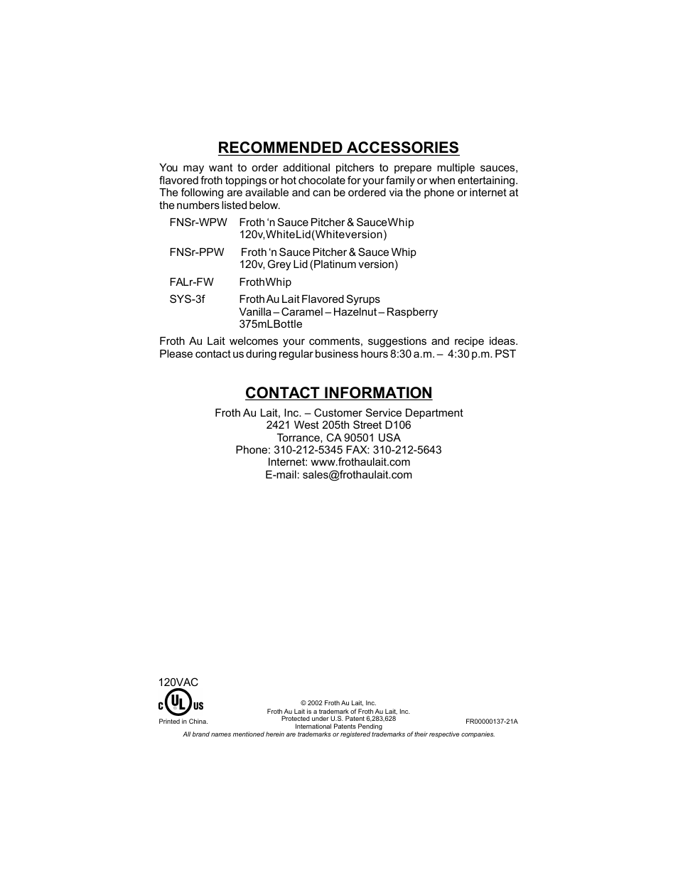 Recommended accessories contact information | Gastroback 42414 Automatic Milk-foamer and sauces maker User Manual | Page 32 / 32