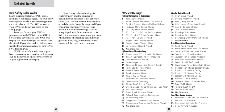 Technical details, How safety radar works, Sws text messages | Beltronics 995 User Manual | Page 13 / 16