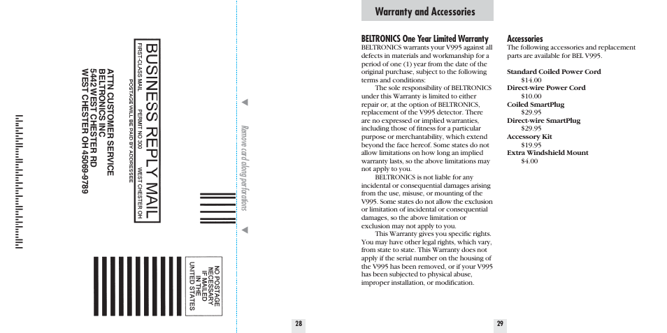 Warranty and accessories | Beltronics 995 User Manual | Page 16 / 16
