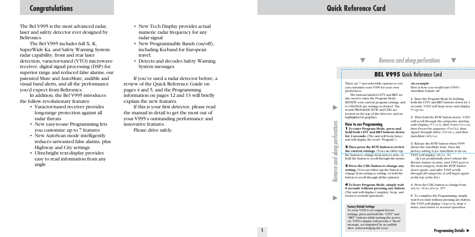 Bel v995 quick reference card | Beltronics 995 User Manual | Page 2 / 16