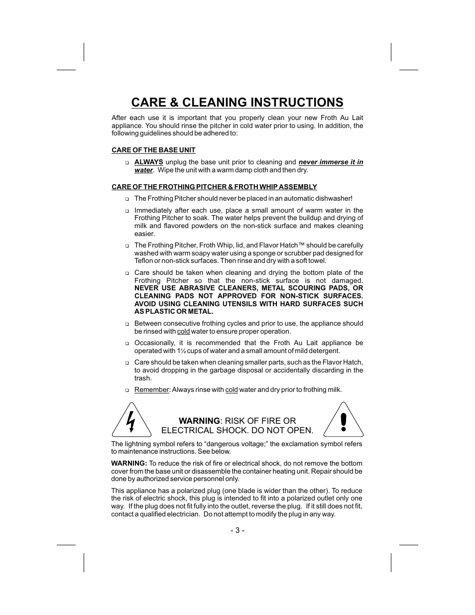 Care & cleaning instructions | Gastroback 42410 Automatic Milk-foamer User Manual | Page 2 / 4