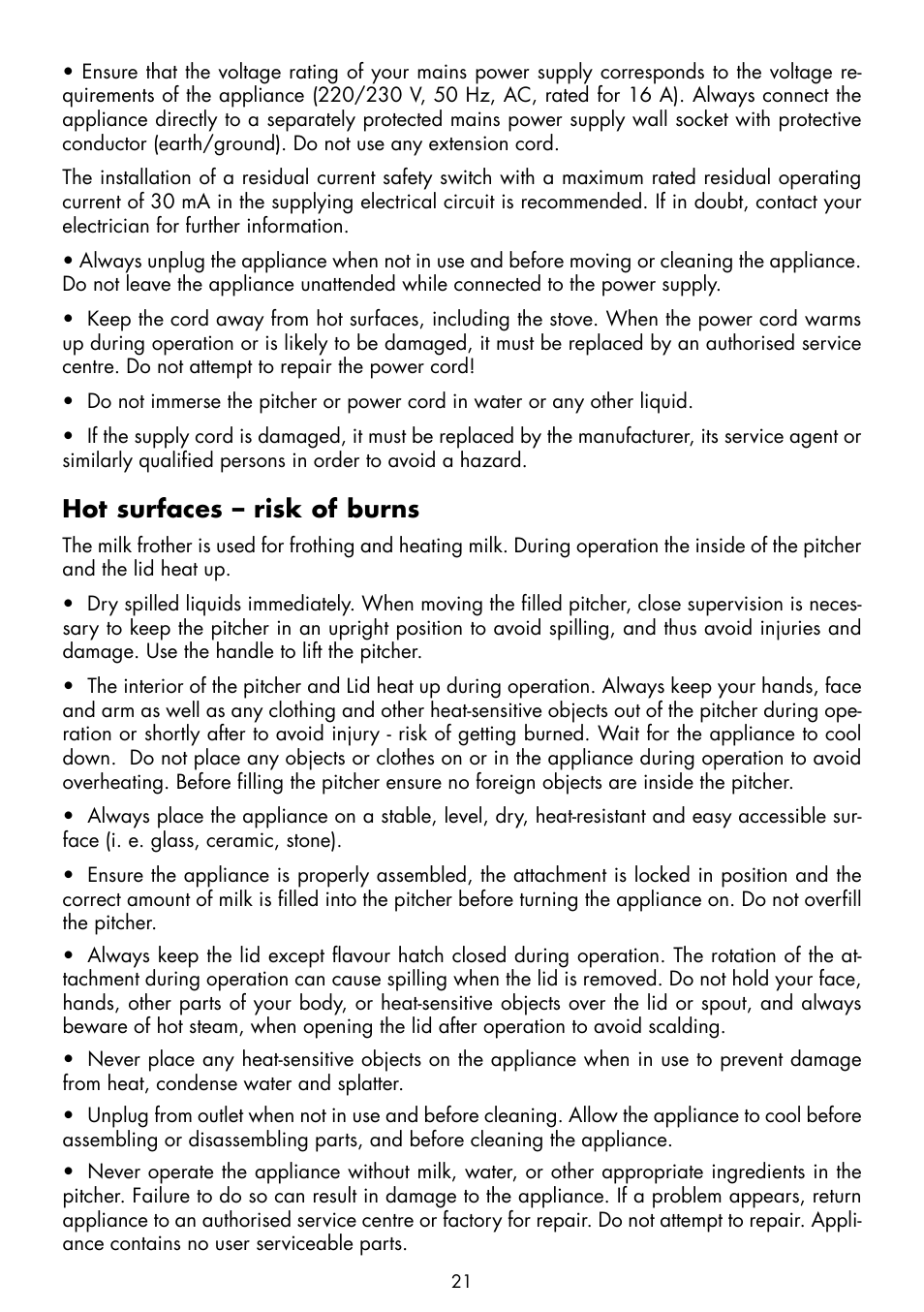 Hot surfaces – risk of burns | Gastroback 42399 Automatic Milk Frother - Mini User Manual | Page 5 / 14