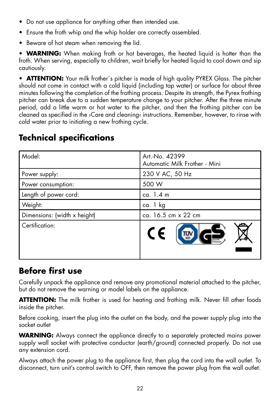 Technical specifications, Before first use | Gastroback 42399 Automatic Milk Frother - Mini User Manual | Page 6 / 14