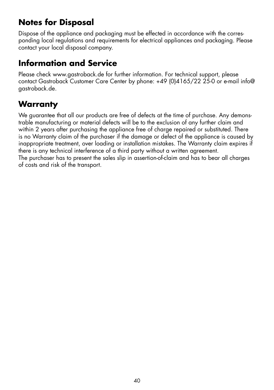 Information and service, Warranty | Gastroback 42360 Latte Art Milk Frother Advanced User Manual | Page 18 / 22