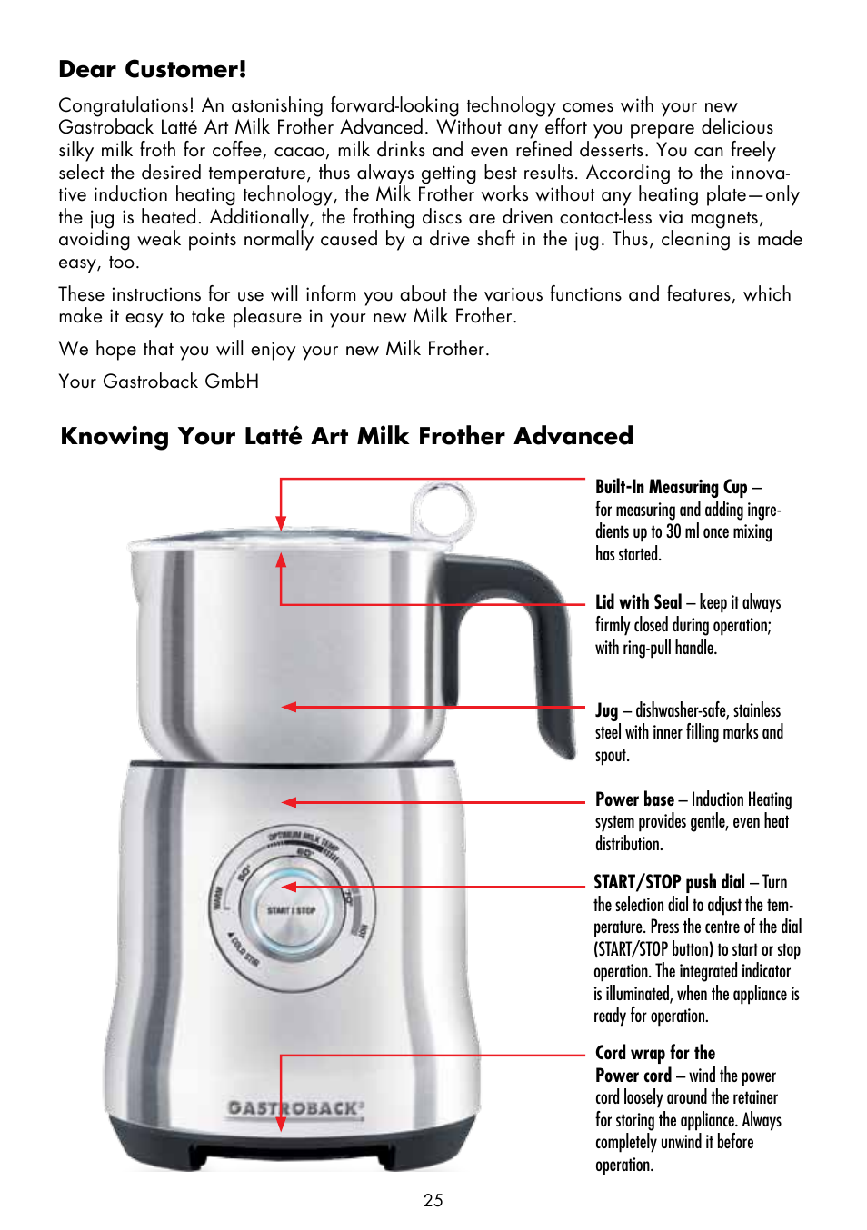 Dear customer, Knowing your latté art milk frother advanced | Gastroback 42360 Latte Art Milk Frother Advanced User Manual | Page 3 / 22