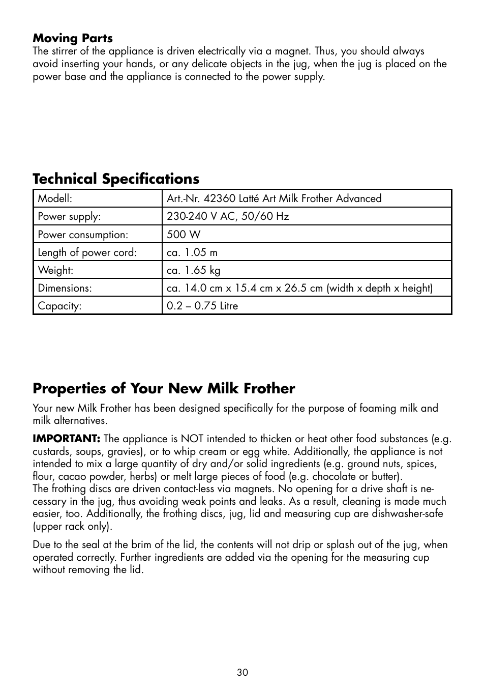 Technical specifications, Properties of your new milk frother | Gastroback 42360 Latte Art Milk Frother Advanced User Manual | Page 8 / 22